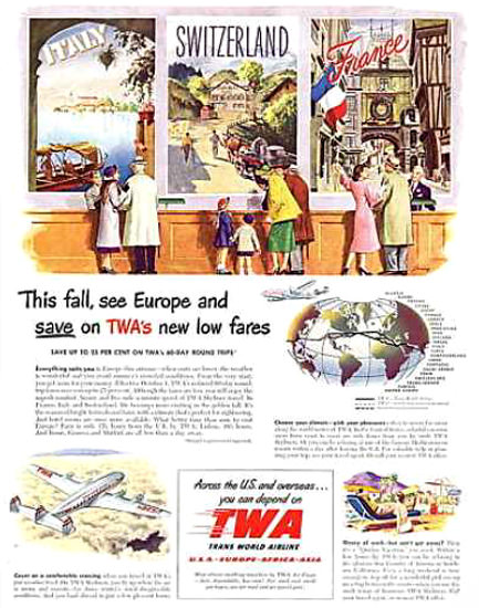 TWA Trans World Airlines Italy Switzerland 1942 | Vintage Travel Posters 1891-1970