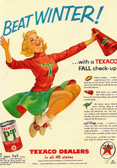 Texaco Dealers Beat Winter Girl Fall Check 1950s | Sex Appeal Vintage Ads and Covers 1891-1970