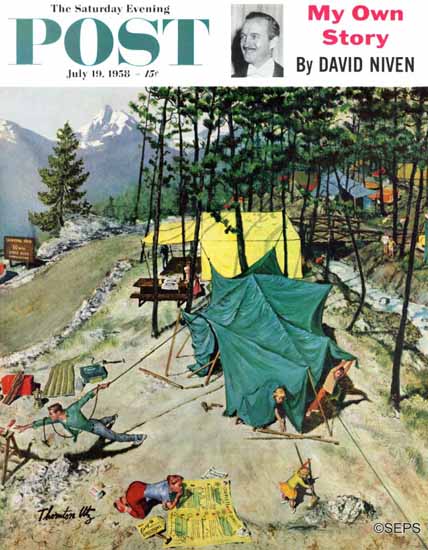 Thornton Utz Saturday Evening Post Making Camp 1958_07_19 | The Saturday Evening Post Graphic Art Covers 1931-1969