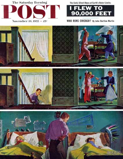 Thornton Utz Saturday Evening Post Pillow Fight 1955_11_19 | Sat Eve Post 1931-69 Thornton Utz Saturday Evening Post Pillow Fight 1955_11_19 | The Saturday Evening Post Graphic Art Covers 1931-1969