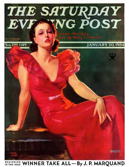 Tom Webb Saturday Evening Post Woman in Red 1934_01_20 | The Saturday Evening Post Graphic Art Covers 1931-1969