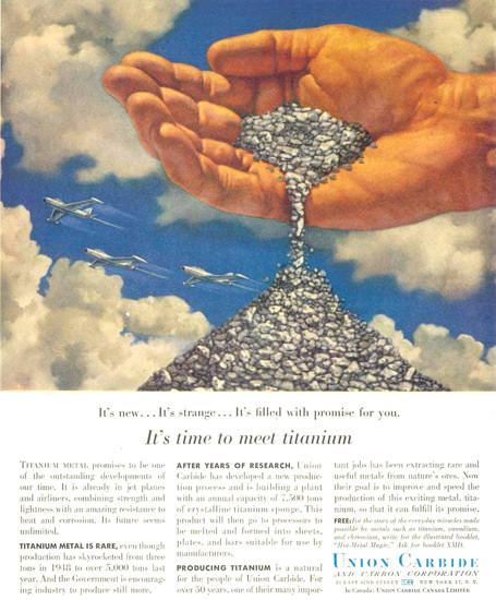 Union Carbide Time To Meet Titanium 1955 | Vintage Ad and Cover Art 1891-1970