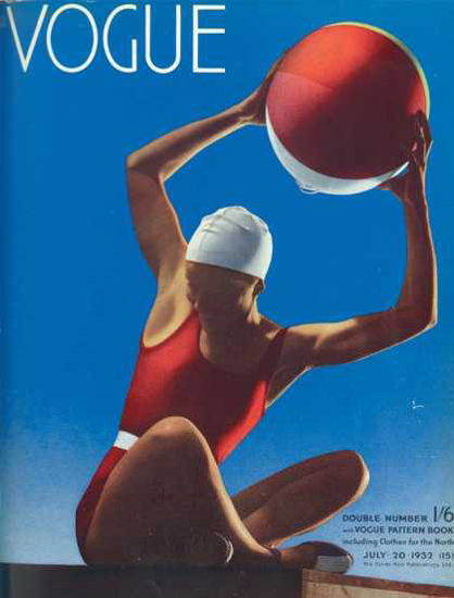 Vogue Cover Copyright 1932 Girl In Swim Suit And Ball | Sex Appeal Vintage Ads and Covers 1891-1970