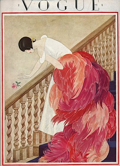 Vogue Cover Feather Lady On The Stairs | Sex Appeal Vintage Ads and Covers 1891-1970