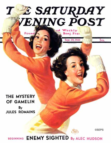Walt Otto Saturday Evening Post Twin Cheerleaders 1940_09_28 | The Saturday Evening Post Graphic Art Covers 1931-1969