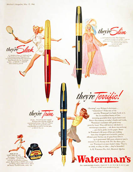 Watermans 1946 Pen Girls Slim Sleek Trim Terrific | Sex Appeal Vintage Ads and Covers 1891-1970