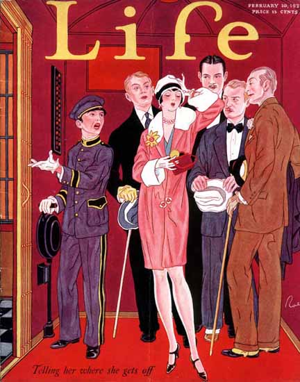 Where she gets off Life Humor Magazine 1927-02-10 Copyright | Life Magazine Graphic Art Covers 1891-1936