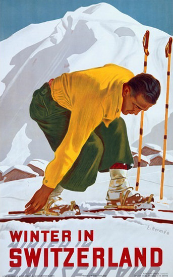 Winter In Switzerland Skiing Mountains E Hermes | Vintage Travel Posters 1891-1970