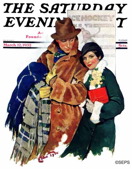 WomenArt Ellen Pyle Saturday Evening Post Date at Hockey 1932_03_12 | 69 Women Cover Artists and 826 Covers 1902-1970