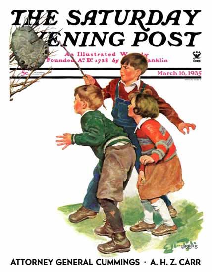WomenArt Ellen Pyle Saturday Evening Post Hornets Nest 1935_03_16 | 69 Women Cover Artists and 826 Covers 1902-1970