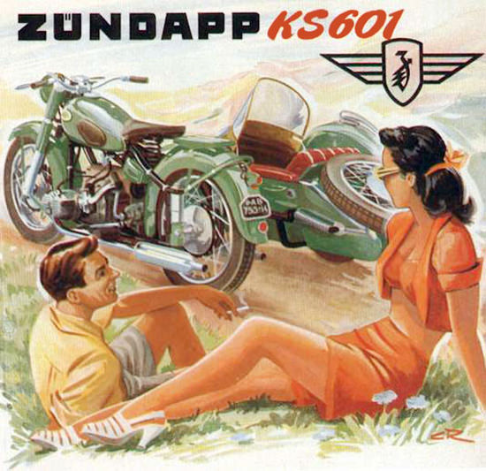 Zuendapp Motorcycles KS601 Sidecar Model 1951 | Sex Appeal Vintage Ads and Covers 1891-1970